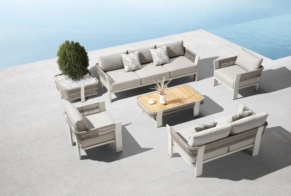 BORROMEO Collection coastal luxury outdoor furniture — Claudio Bellini aluminium rope and teak alfresco sofa and dining set — Casa Valour Australia
